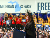 Waterford, MICHIGAN - OCTOBER 18: US Vice President and Democratic presidential candidate Kamala Harris speaks at the Oakland County campaig...