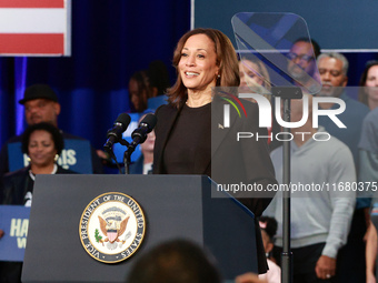 Waterford, MICHIGAN - OCTOBER 18: US Vice President and Democratic presidential candidate Kamala Harris speaks at the Oakland County campaig...