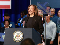 Waterford, MICHIGAN - OCTOBER 18: US Vice President and Democratic presidential candidate Kamala Harris speaks at the Oakland County campaig...