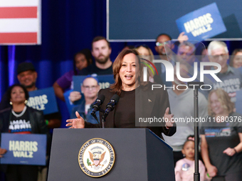 Waterford, MICHIGAN - OCTOBER 18: US Vice President and Democratic presidential candidate Kamala Harris speaks at the Oakland County campaig...