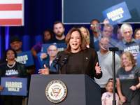 Waterford, MICHIGAN - OCTOBER 18: US Vice President and Democratic presidential candidate Kamala Harris speaks at the Oakland County campaig...