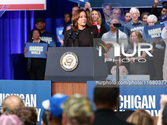 Waterford, MICHIGAN - OCTOBER 18: US Vice President and Democratic presidential candidate Kamala Harris speaks at the Oakland County campaig...