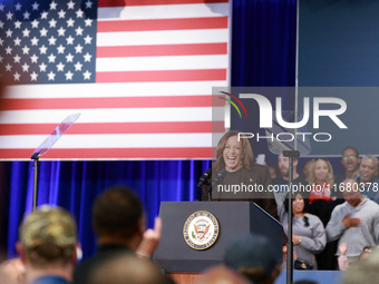 Waterford, MICHIGAN - OCTOBER 18: US Vice President and Democratic presidential candidate Kamala Harris speaks at the Oakland County campaig...