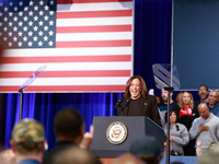 Waterford, MICHIGAN - OCTOBER 18: US Vice President and Democratic presidential candidate Kamala Harris speaks at the Oakland County campaig...