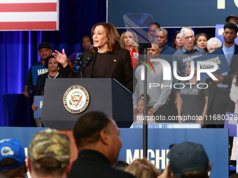 Waterford, MICHIGAN - OCTOBER 18: US Vice President and Democratic presidential candidate Kamala Harris speaks at the Oakland County campaig...