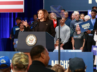 Waterford, MICHIGAN - OCTOBER 18: US Vice President and Democratic presidential candidate Kamala Harris speaks at the Oakland County campaig...