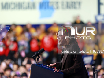 Waterford, MICHIGAN - OCTOBER 18: US Vice President and Democratic presidential candidate Kamala Harris speaks at the Oakland County campaig...