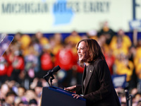 Waterford, MICHIGAN - OCTOBER 18: US Vice President and Democratic presidential candidate Kamala Harris speaks at the Oakland County campaig...