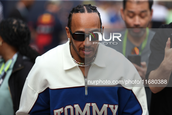 Lewis Hamilton arrives at Circuit of the Americas in Austin, Texas, on October 18, 2024, during the Formula 1 Pirelli United States Grand Pr...