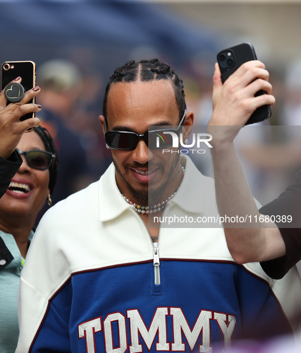 Lewis Hamilton arrives at Circuit of the Americas in Austin, Texas, on October 18, 2024, during the Formula 1 Pirelli United States Grand Pr...