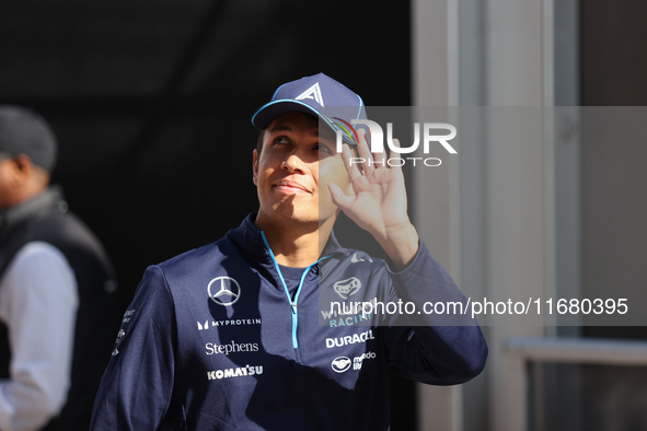 Alexander Albon arrives at Circuit of the Americas in Austin, Texas, on October 18, 2024, during the Formula 1 Pirelli United States Grand P...