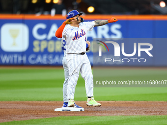 New York Mets player Francisco Alvarez #4 gestures after doubling during the second inning in Game 5 of the baseball NL Championship Series...