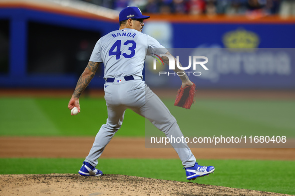 Los Angeles Dodgers relief pitcher Anthony Banda #43 throws during the eighth inning in Game 5 of the baseball NL Championship Series agains...