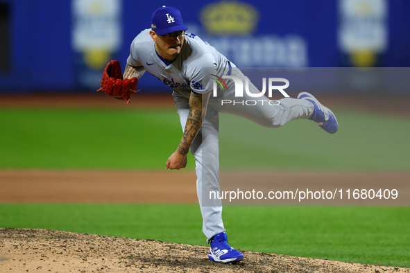 Los Angeles Dodgers relief pitcher Anthony Banda #43 throws during the eighth inning in Game 5 of the baseball NL Championship Series agains...