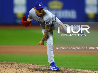 Los Angeles Dodgers relief pitcher Anthony Banda #43 throws during the eighth inning in Game 5 of the baseball NL Championship Series agains...