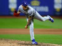 Los Angeles Dodgers relief pitcher Anthony Banda #43 throws during the eighth inning in Game 5 of the baseball NL Championship Series agains...