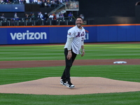 2015 NLCS Champion Matt Harvey throws out the ceremonial first pitch before Game 5 of a baseball NL Division Series between the Los Angeles...