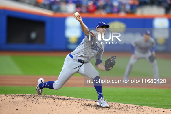 Los Angeles Dodgers starting pitcher Jack Flaherty #0 throws during the first inning in Game 5 of the baseball NL Championship Series agains...