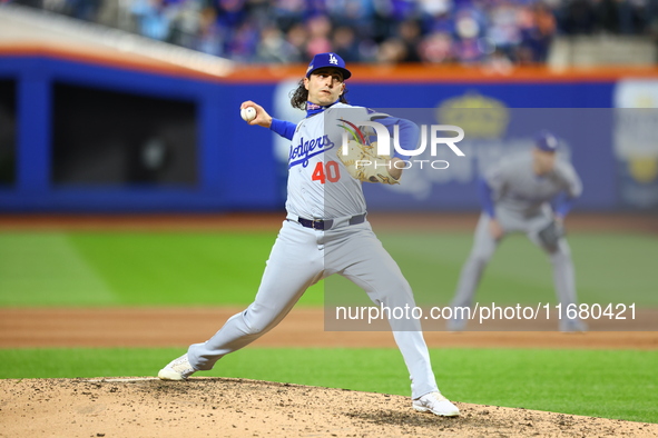 Los Angeles Dodgers relief pitcher Brent Honeywell #40 throws during the fourth inning in Game 5 of the baseball NL Championship Series agai...