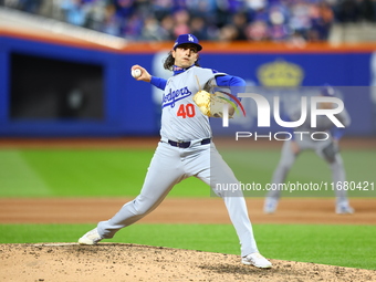 Los Angeles Dodgers relief pitcher Brent Honeywell #40 throws during the fourth inning in Game 5 of the baseball NL Championship Series agai...