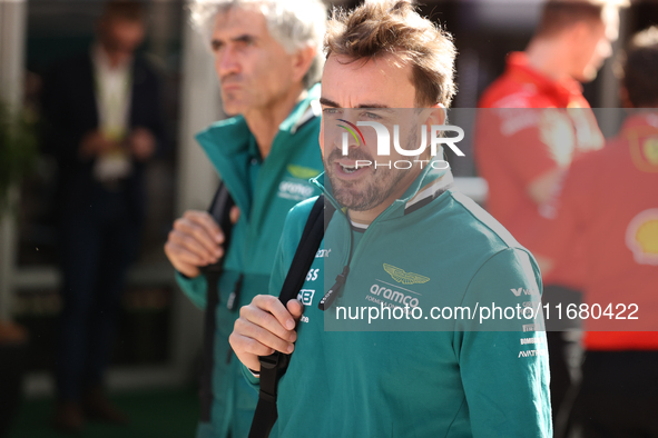 Fernando Alonso walks through the paddock at Circuit of the Americas in Austin, Texas, on October 18, 2024, during the Formula 1 Pirelli Uni...