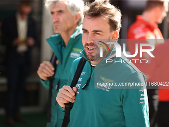 Fernando Alonso walks through the paddock at Circuit of the Americas in Austin, Texas, on October 18, 2024, during the Formula 1 Pirelli Uni...