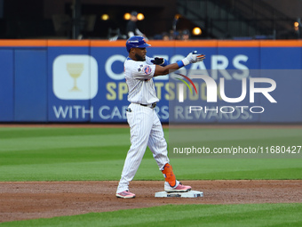 New York Mets' Starling Marte #6 doubles during the first inning in Game 5 of the baseball NL Championship Series against the Los Angeles Do...