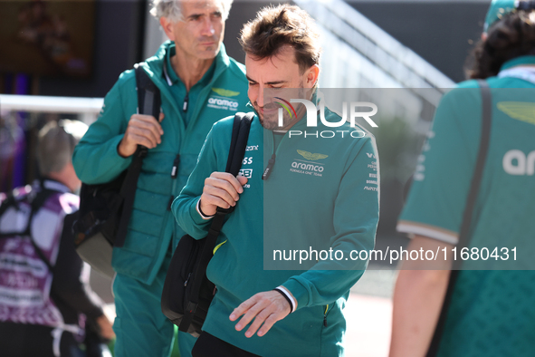 Fernando Alonso walks through the paddock at Circuit of the Americas in Austin, Texas, on October 18, 2024, during the Formula 1 Pirelli Uni...