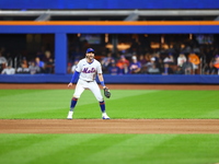 New York Mets second baseman Jeff McNeil #1 prepares during the fifth inning in Game 5 of the baseball NL Championship Series against the Lo...