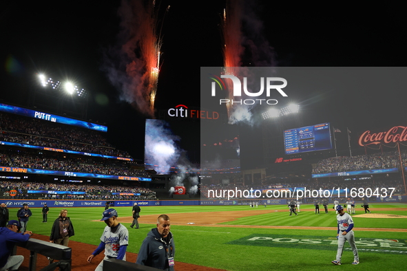 The New York Mets celebrate with fireworks after the team's 12-6 victory in Game 5 of the baseball NL Championship Series against the Los An...