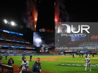 The New York Mets celebrate with fireworks after the team's 12-6 victory in Game 5 of the baseball NL Championship Series against the Los An...