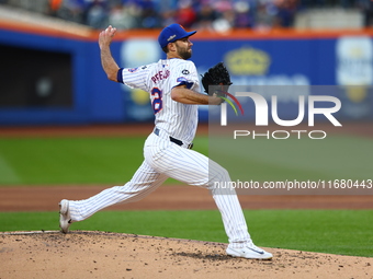 New York Mets starting pitcher David Peterson #23 throws during the first inning in Game 5 of the baseball NL Championship Series against th...