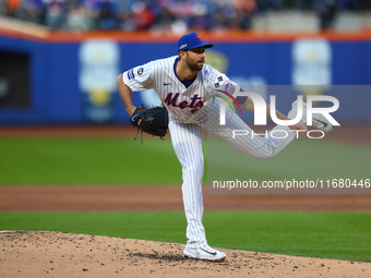 New York Mets starting pitcher David Peterson #23 throws during the first inning in Game 5 of the baseball NL Championship Series against th...