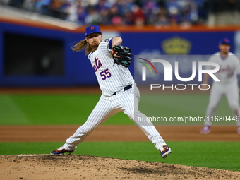 New York Mets relief pitcher Ryne Stanek #55 throws during the sixth inning in Game 5 of the baseball NL Championship Series against the Los...