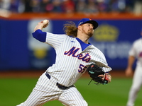 New York Mets relief pitcher Ryne Stanek #55 throws during the sixth inning in Game 5 of the baseball NL Championship Series against the Los...