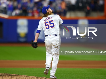 New York Mets relief pitcher Ryne Stanek #55 throws during the seventh inning in Game 5 of the baseball NL Championship Series against the L...