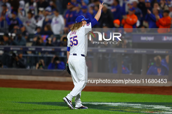 New York Mets relief pitcher Ryne Stanek #55 comes off the field during the seventh inning in Game 5 of the baseball NL Championship Series...