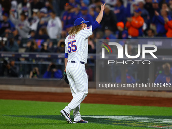 New York Mets relief pitcher Ryne Stanek #55 comes off the field during the seventh inning in Game 5 of the baseball NL Championship Series...