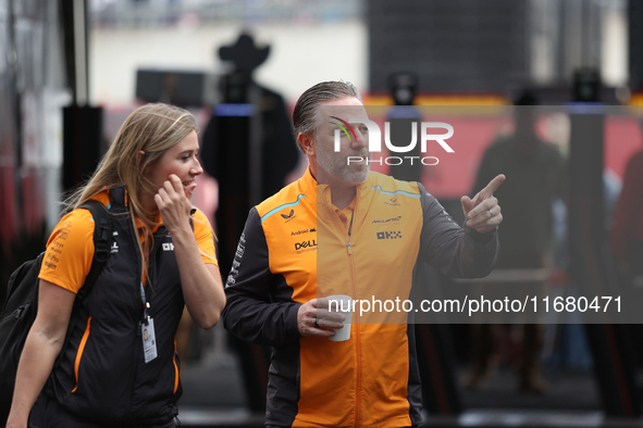 Zak Brown arrives at Circuit of the Americas in Austin, Texas, on October 18, 2024, during the Formula 1 Pirelli United States Grand Prix. 