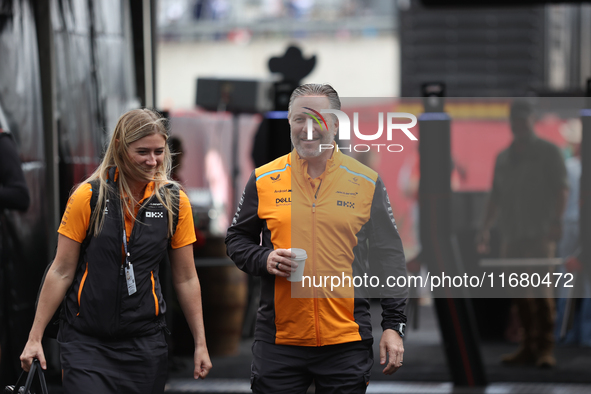 Zak Brown arrives at Circuit of the Americas in Austin, Texas, on October 18, 2024, during the Formula 1 Pirelli United States Grand Prix. 