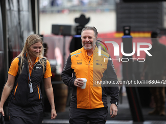 Zak Brown arrives at Circuit of the Americas in Austin, Texas, on October 18, 2024, during the Formula 1 Pirelli United States Grand Prix. (