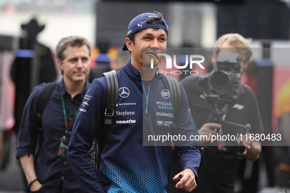 Alexander Albon arrives at Circuit of the Americas in Austin, Texas, on October 18, 2024, during the Formula 1 Pirelli United States Grand P...