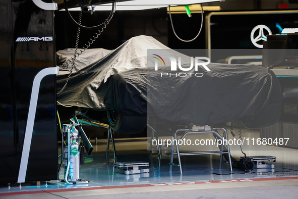 Lewis Hamilton's car sits in the Mercedes garage early on the morning of October 18, 2024, at Circuit of the Americas in Austin, Texas, duri...