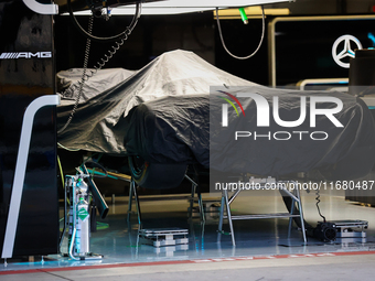 Lewis Hamilton's car sits in the Mercedes garage early on the morning of October 18, 2024, at Circuit of the Americas in Austin, Texas, duri...