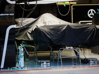 Lewis Hamilton's car sits in the Mercedes garage early on the morning of October 18, 2024, at Circuit of the Americas in Austin, Texas, duri...