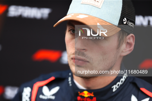 Max Verstappen speaks to the press after placing first in the Sprint Qualifying session at Circuit of the Americas in Austin, Texas, on Octo...