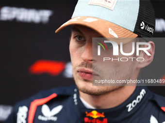 Max Verstappen speaks to the press after placing first in the Sprint Qualifying session at Circuit of the Americas in Austin, Texas, on Octo...