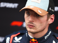 Max Verstappen speaks to the press after placing first in the Sprint Qualifying session at Circuit of the Americas in Austin, Texas, on Octo...