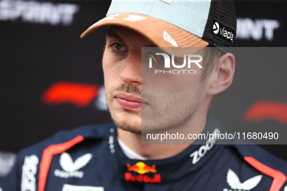 Max Verstappen speaks to the press after placing first in the Sprint Qualifying session at Circuit of the Americas in Austin, Texas, on Octo...