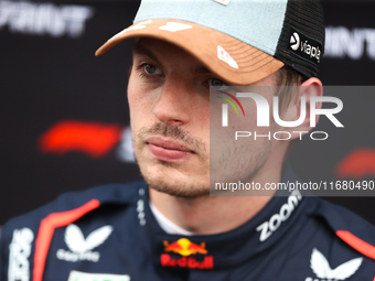 Max Verstappen speaks to the press after placing first in the Sprint Qualifying session at Circuit of the Americas in Austin, Texas, on Octo...